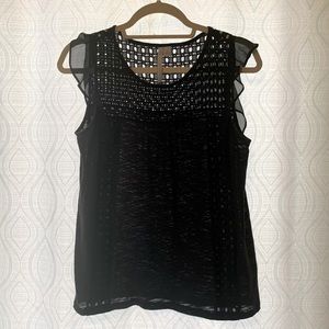 Black crosshatch top with flutter sleeves